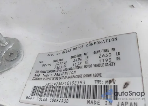 2001 Mazda Mpv Dx/Es/Lx z USA, uszkodzony, nr VIN JM3LW28G210192393